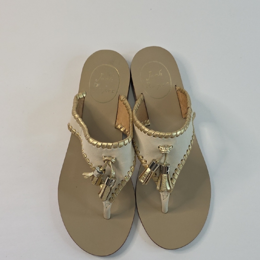 Jack Rogers Alana Sandals Cream Gold Trim leather tassels flip flop Size 6